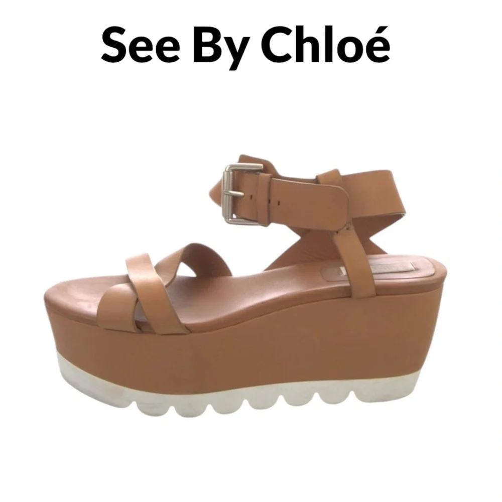 CHLOÉ SEE BY CHLOÉ PLATFORM LEATHER SANDALS IN CARAMEL - Picture 2 of 7
